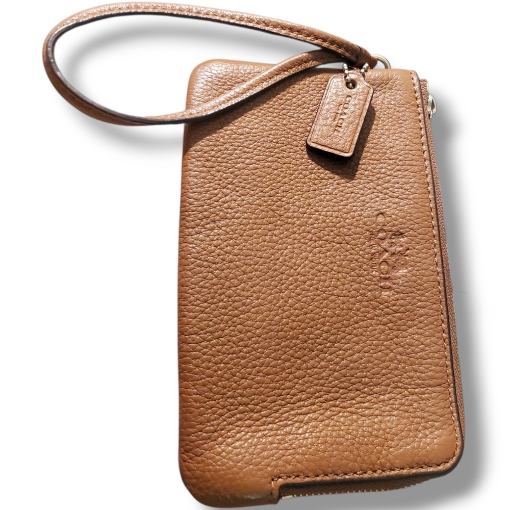 Coach Corner Zip Saddle Brown Pebbled Leather Wristlet - Picture 4 of 12